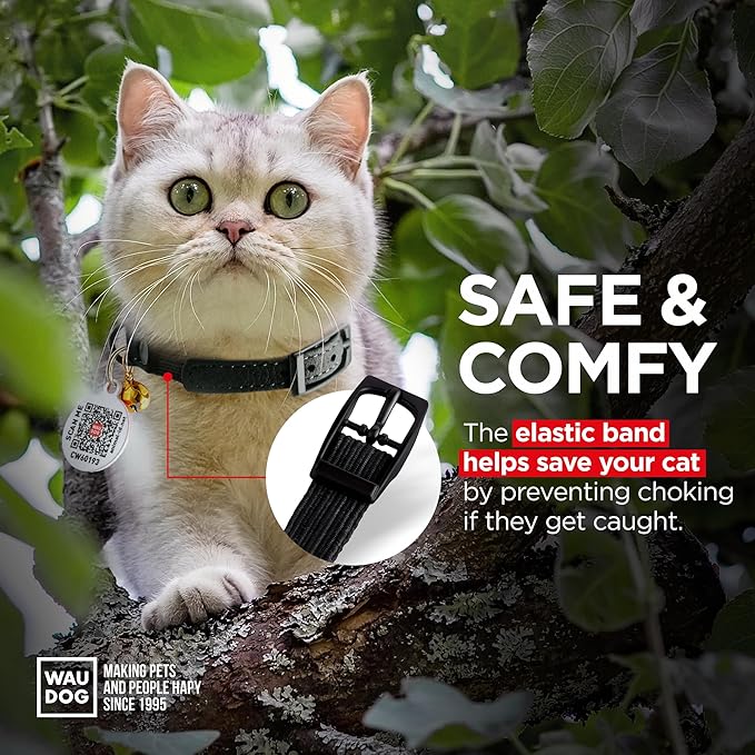 Leather Cat Collar with Bell and Safety Elastic Strap Breakaway Alternative for Small & Large Kittens, Stylish Pet Leather Collar for Boy, Girl Cats with Metal Buckle & QR ID Tag (Black)