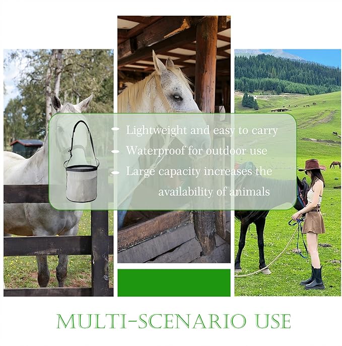 2pcs Horse Feed Bag Mesh Grain Feeder Bags Durable Hay Bag with Adjustable Strap, Large Horse Feeding Bag Comfort Neck Pad and Nose Pad (Black&Grey)