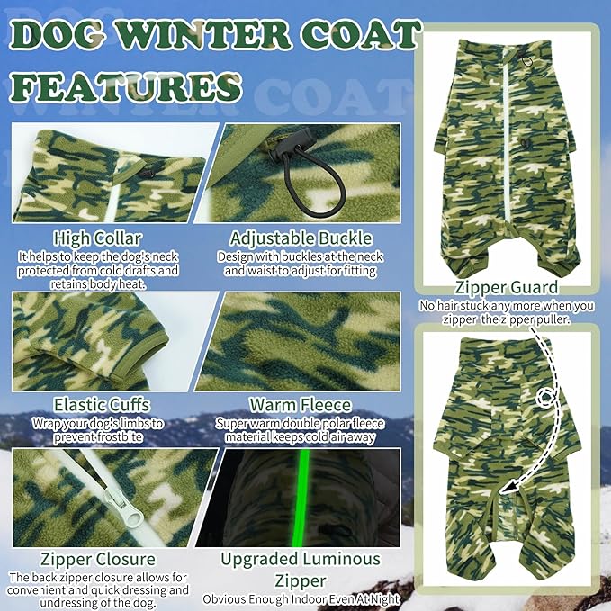 ROZKITCH Dog Winter Coat Soft Fleece Pullover Pajamas, Pet Windproof Warm Cold Weather Jacket Vest with Luminous Zipper, Jumpsuit Apparel Outfit Clothes for Small Medium Large Dog Camo 2XS
