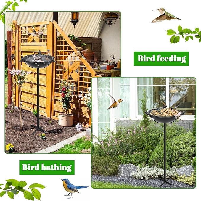 58In Freestanding Birdbaths Bowl Outdoor, Standing Garden Bird Bath Feeder Bowl with 3 Bird Statues, Birdbath & Birdfeeder with Metal Stake Garden Yard Lawn Decor (Black)