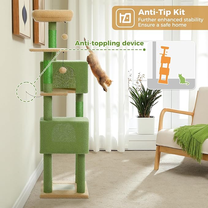 PAWZ Road Cactus Cat Tree Tower 62 Inches Cat Tree with 2 Condos,2 Large Perch,4 Scratching Posts & 1 Scratching Board, and 2 Hanging Balls for Indoor Cats