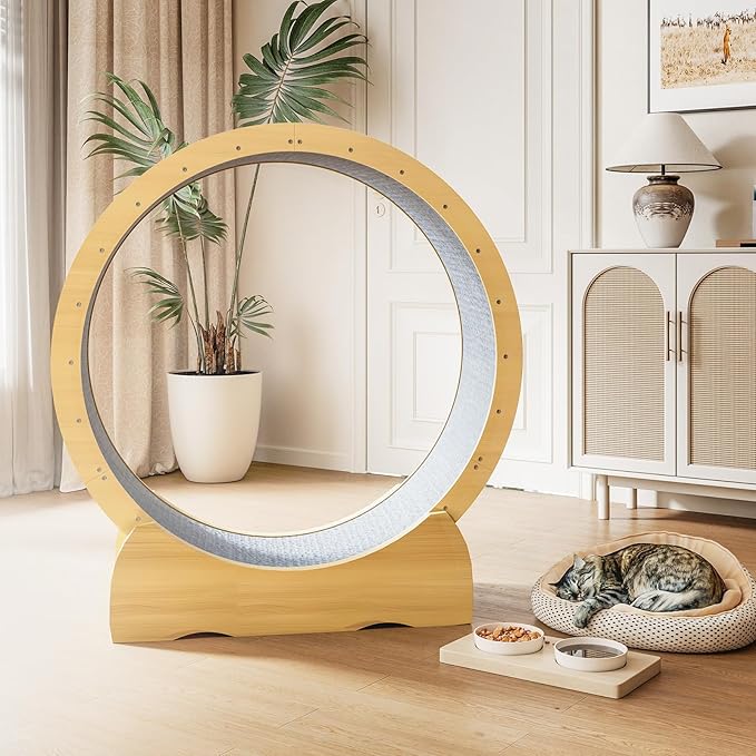 41" Cat Exercise Wheel,cat Wheel Exerciser for Indoor Cats,Running Wheel with Detachable Carpeted Runway,Natural Solid Wood Sturdy Running Wheel for Running/Training/Walking