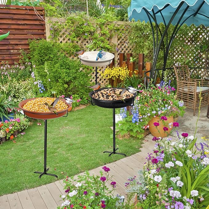 28In Freestanding Birdbaths Bowl Outdoor, Free Standing Garden Bird Bath Bird Feeder Bowl with Metal Stake, Detachable Decoration Spa Birdfeeder for Garden Patio Yard Lawn, 4 Spiky Feet (Brown)