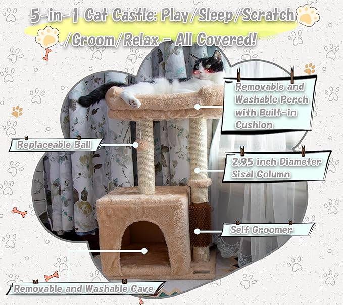26.8" Small Cat Tree Tower,Cat Scratching Post for Indoor Cats,Featuring with Cat Cave & Cozy Perch,Cat Self Groomer and Interactive Dangling Ball Great for Kittens/Cats (Beige, Medium)