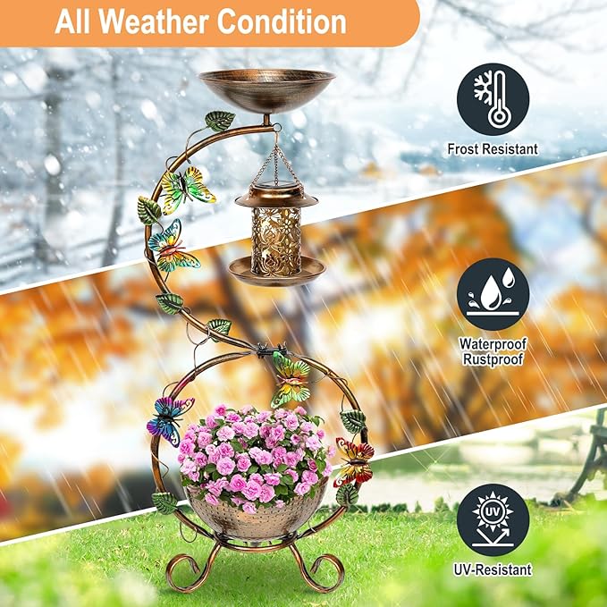 3 In 1 Bird Bath for Outside and Solar Bird Feeders Combo with Flower Planter Pedestal, 38" Metal Bird Baths Heavy Duty for Outdoors, Vintage Birdbaths for Garden Yard Lawn Decor -Waterproof