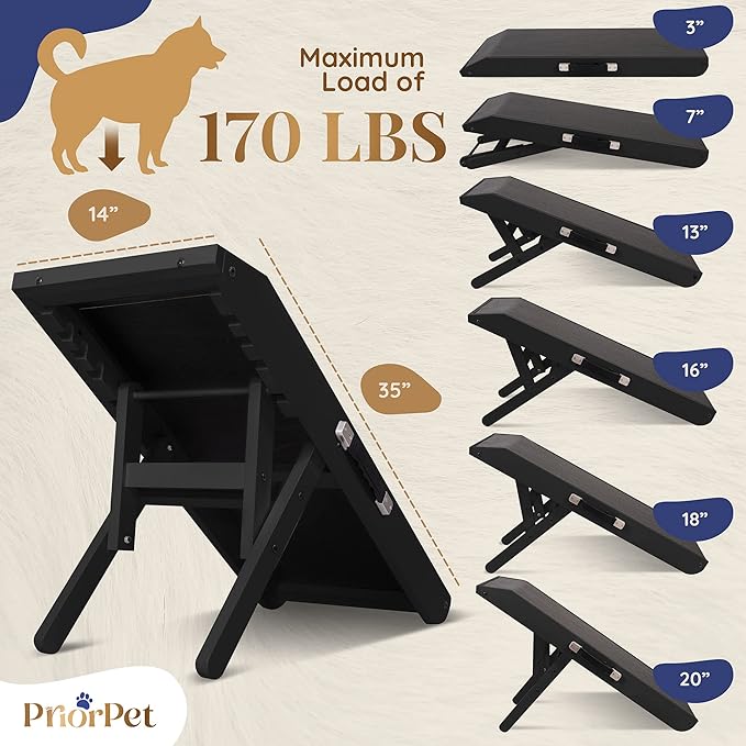 Dog ramp for Couch – Non-Slip, Sturdy Build Foldable Dog ramp – Supports up to 200lbs – Adjustable 7'' to 20'' – Landing Platform Seamlessly Connects – Birchwood Pet Ramp for Small Dogs – Black
