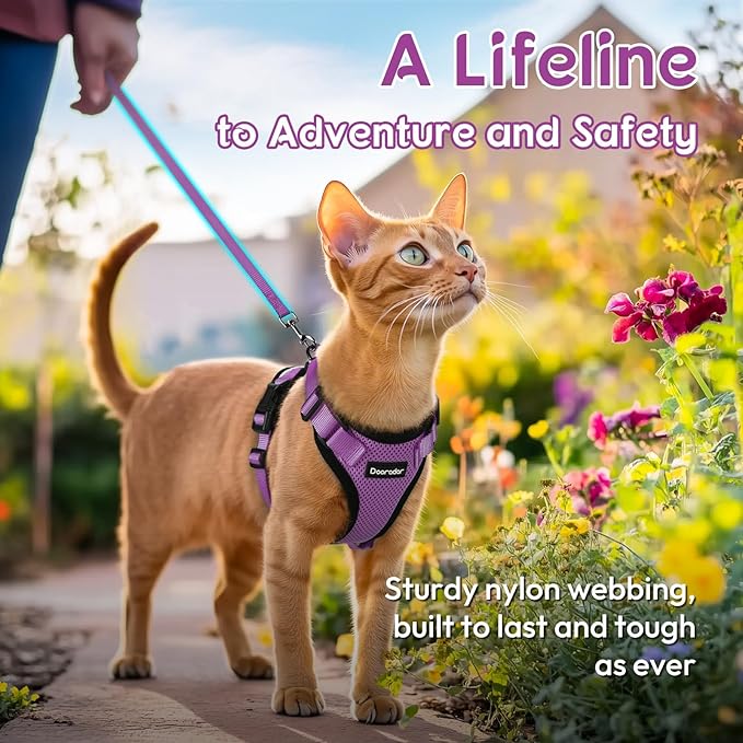 Dooradar Cat Harness and Leash Set, Escape Proof Safe Adjustable Kitten Vest Harnesses for Walking, Easy Control Soft Breathable Mesh Jacket with Reflective Strips for Cats, Purple, S