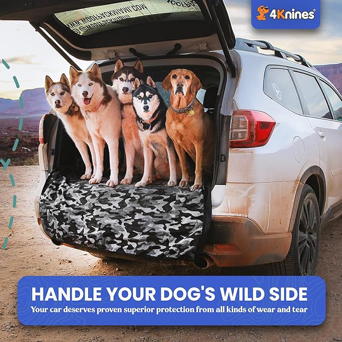 4Knines SUV Cargo Liner for Dogs, Trunk Mat for SUV, Durable Cargo Cover, Protector – Compatible with 60/40 Split Bench & Armrest Pass-Through, Waterproof, Machine Washable, Non-Slip (Small, Camo)