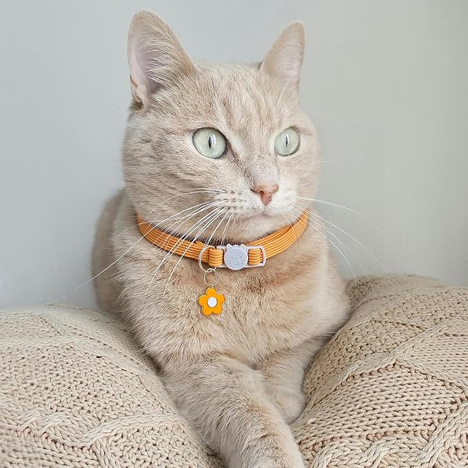 2 Pack Cat Collar with Bells, Corduroy Adjustable Kitten Collars with Breakaway Safety Buckle for Boy Girl Cats-Orange Pink