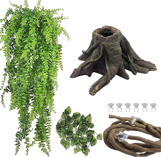PINVNBY Bearded Dragon Tank Accessories,Crested Gecko Tree Stump Decorations Resin Reptile Hollow Tree Root Habitat Hideouts Cave Jungle Vines Ornament for Lizard Chameleon Snake Gecko(4 PCS)