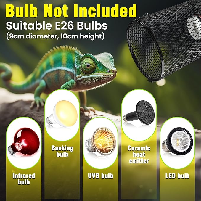 2Pack Reptile Heat Lamp Guard with 150W E26 Ceramic Lamp Holder,Anti Scald Mesh Cage Reptile Light Fixture with ON/Off Button for Reptile Lizard Snake Chick-Heat Bulb Not Included