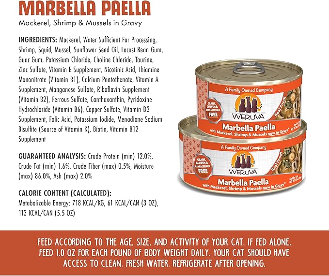 Weruva Classic Cat Food, Marbella Paella with Mackerel, Shrimp, & Mussels in Gravy, 5.5oz Can (Pack of 24)