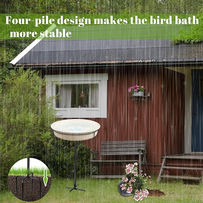 28In Freestanding Birdbaths Bowl Outdoor, Free Standing Garden Bird Bath Bird Feeder Bowl with Metal Stake, Detachable Decoration Spa Birdfeeder for Garden Patio Yard Lawn, 4 Spiky Feet (White)
