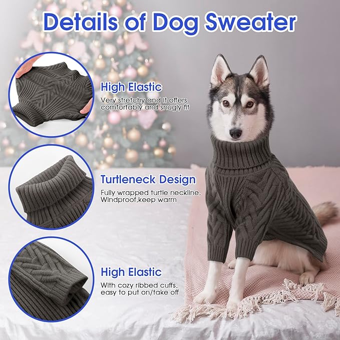 ASENKU Extra-Large Dog Sweater, Dog Sweaters for Extra Large Dogs, Pet Sweatshirt Apparel Turtleneck Pullover Winter for Doberman, Great Dane (Dark Grey, 3XL)