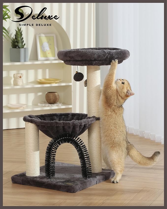 Simple Deluxe Small Cat Tree Tower for Indoor Cats, 5-in-1 27.8" Multi-Level Cat Tree with Scratching Posts, Plush Hammock, Perch, Self Groomer Brush, Dangling Ball for Kittens/Small Cats Play&Rest