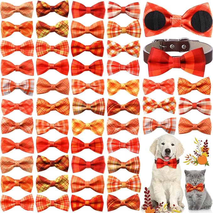 Hillban 50 Pcs Fall Collar Dogs Bow Ties Autumn Plaid Dogs Collar Accessories for Pets Bow Ties Attachment with Elastic Bands Detachable Charms for Doggie Fall Autumn Costume