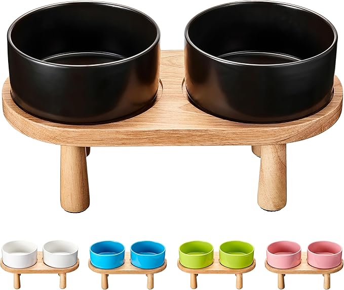 Ceramic Elevated Dog Bowls, Pet Food and Water Bowl Set for Medium and Small Dogs, 3.5 Cups Dog Bowls Raised with Wood Stand, 29OZ, Black