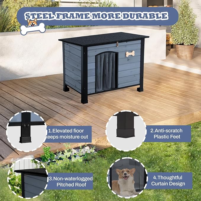 Outdoor Dog House, Indoor Outdoor Doghouse Puppy Shelter Dog House with Iron Frame,Anti-Bite Design Dog Home for Small Medium Some Large Dogs (Grey, Small)