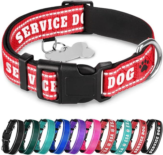 TECEUM Reflective Pet Collar – Red - Service Dog – XL – Extra Soft Padding – Basic Nylon Dog Collar – Quick Release Buckle – Fits Small, Medium and Large Dogs, Puppies, Cats