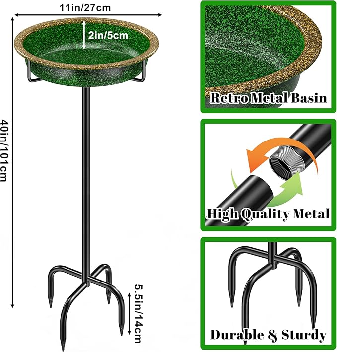 38In Metal Bird Bath for Outside, Vintage Freestanding Birdbaths & Birdfeeder, Detachable Decoration Spa Bird Feeder for Outdoors Garden Patio Yard Lawn, 4 Spiky Feet(Green)