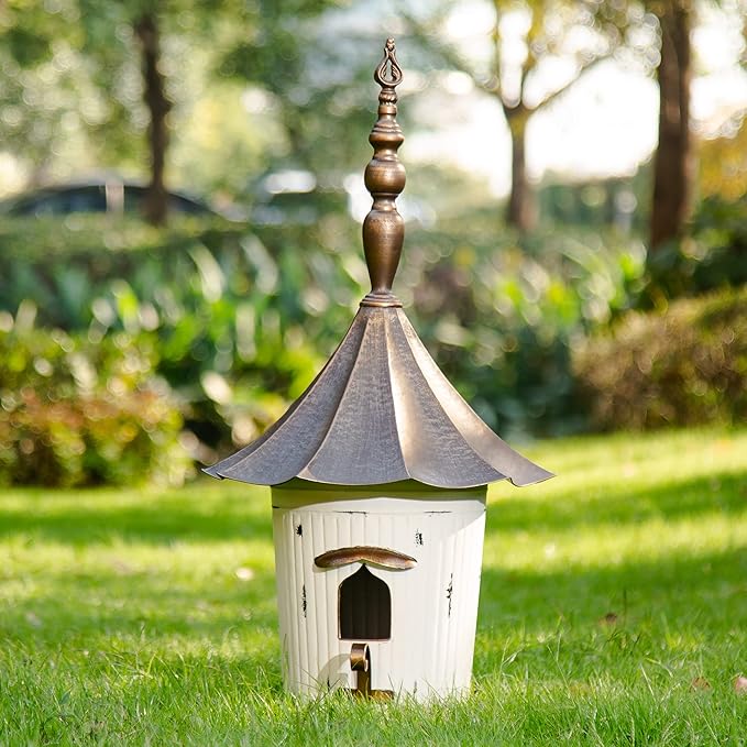 Glitzhome 29.75”H Metal Hanging Birdhouse for Outdoors Oversized Farmhouse Pagoda Painted Bird House with Bronze Roof for Bluebird Wren Chickadee Sparrow Bird Nest Box for Garden Patio, Washed White