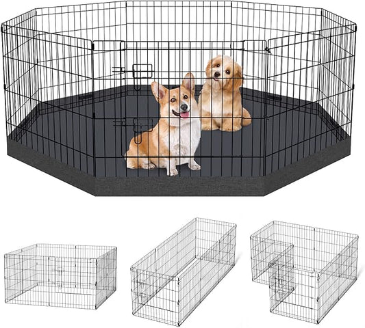 Dog Pen Pet Playpen Dog Fence Indoor Foldable Metal Wire Exercise Puppy Play Yard Pet Enclosure Indoor Outdoor 8 Panels 24 Inch with Bottom Pad/Top Cover (Black with Bottom pad)