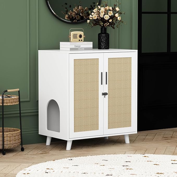 Lovinouse Large Cat Litter Box Enclosure,Hidden Kitty Litter Furniture with Sisal Covered Doors,2-Layer Wooden Cat Washroom Cabinet w/Adjustable Shelf, Side Table for Living Room,White