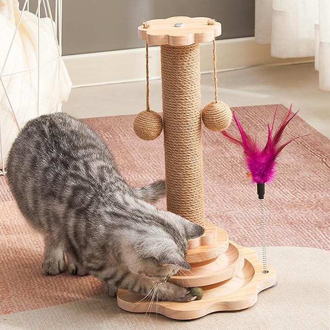 Cat Scratching Post 20'' Tall Cat Scratching Post for Indoor Cats Adults with Hanging Ball and Interactive Wooden Ball Sisal Rope Cats Scratch Post
