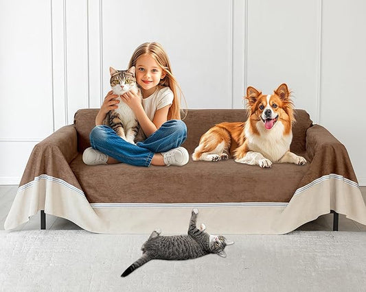Loiion Cat Scratch Furniture Protector - Anti-Slip, Waterproof Sofa Cover to Keep Cats Off, Pet-Friendly Couch Protectors for 3 Cushion Couch, Anti-Scratch Couch Cover for Pets and Kids 150"X91"Brown