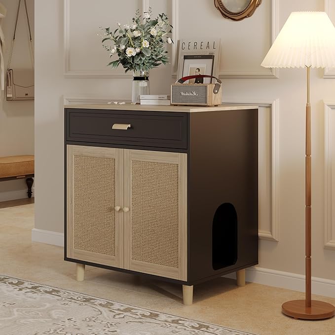Cat Litter Box Enclosure Furniture Hidden - Indoor 2-in-1 Wooden Cat House & Washroom Cabinet with Scratching Board Doors and Drawer, 31.5”x21.6”x34.6”, Black