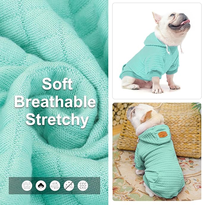 BEAUTYZOO Small Dog Hoodie Sweater with Pockets, Dog Clothes for Small Medium Dogs Boy Girl, Waffle-Like Laminated Cotton Pet Coats with Hat and Leash Hole, Mint Green L