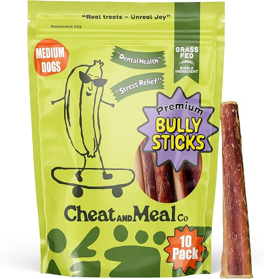Bully Sticks for Medium Dogs - [6 Inch, 10 Pack] - Natural, Grass-Fed Beef Pizzle Sticks for Medium Dogs and Large Breeds - Rawhide-Free, Grain-Free, Long-Lasting Chews