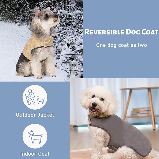 cyeollo Warm Dog Coat Sherpa Winter Coat, Reversible Fleece Dog Jackets Sweater Vest for Large Dogs Male with Leash Hole, Soft Cold Weather Pet Clothes, Khaki XXXL
