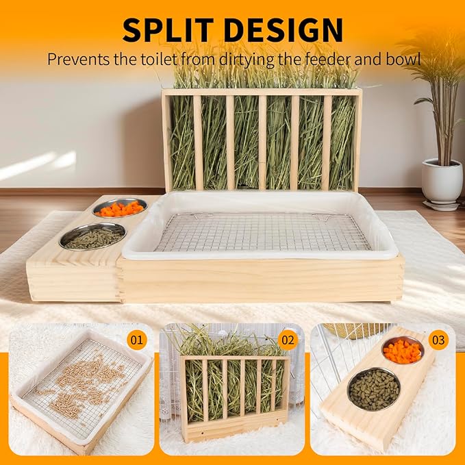 3 in 1 Rabbit Hay Feeder with Litter Box,Upgraded Wooden Hay Feeder Set for Guinea Pig Chinchilla Bunny Other Small Animals,Quick Cleaning & Large Capacity & Preventing Waste