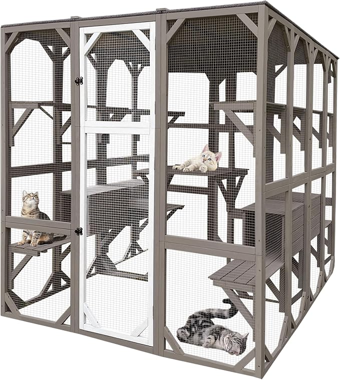 71" Catio Outdoor Cat Enclosure Large Weatherproof Cat House Kitty Cage for Indoor Cats with Multi-Level Platforms, Waterproof Roof, Two-Piece Front-Back Combination