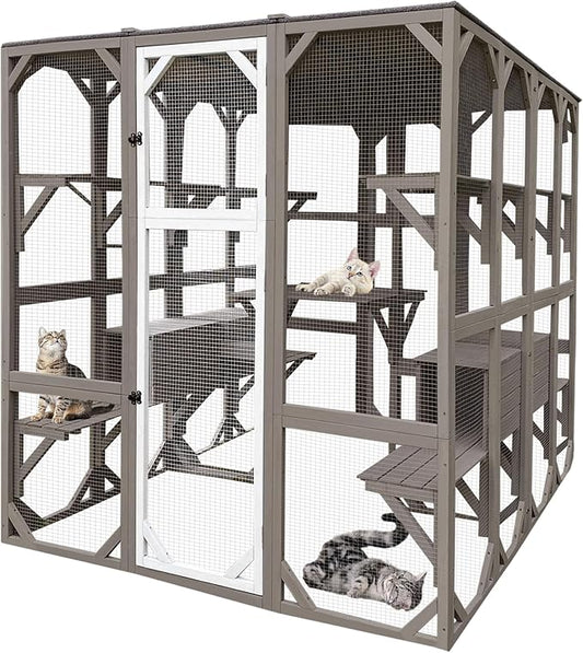 71" Catio Outdoor Cat Enclosure Large Weatherproof Cat House Kitty Cage for Indoor Cats with Multi-Level Platforms, Waterproof Roof, Two-Piece Front-Back Combination