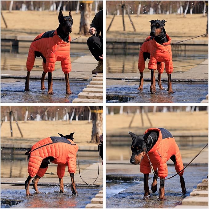 Lovelonglong Dog Coat Dog Warm Jacket, 4 Legs Covered Waterproof Windproof Reflective Warm Dog Vest, Zippered Adjustable Outdoor Dog Snow Jacket for Small Medium Large Dogs Orange M