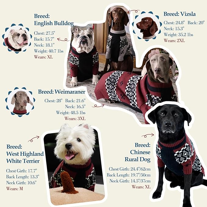 ROZKITCH Thick Dog Sweater, Matching Knit Winter Clothes with Fair Isle Pattern for Large Pets, Cozy Turtleneck Sweatshirt Outfits Outdoor Outfit Indoor Pjs DarkRed XL