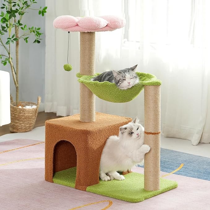 Flower Cat Tree 34 Inches Scratching Post Small Cat Tower for Large Cats, with 15.7”Large Hammock, Removable Top Bed and Wide Condo for Indoor Cats-Forest Brown