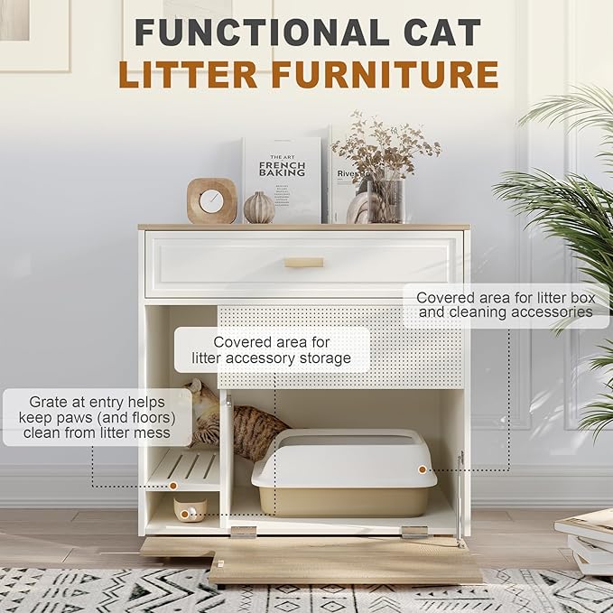 Cat Litter Box Enclosure - Indoor Litter Box Furniture Hidden with Drawer and Door - 32"x19"x32"H