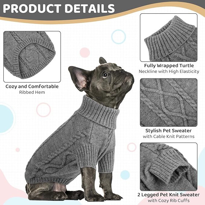 Queenmore Small Dog Pullover Sweater, Cold Weather Cable Knitwear, Classic Turtleneck Thick Warm Clothes for Chihuahua, Bulldog, Dachshund, Pug (Slate Grey, Small)