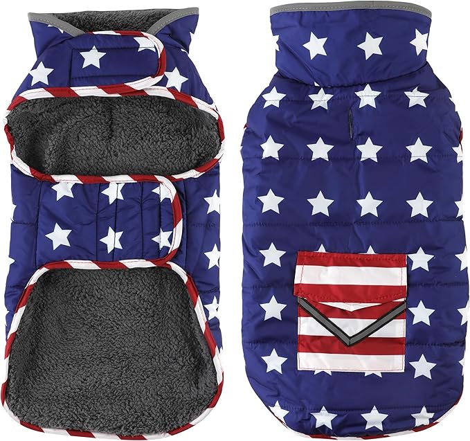 Dog Coat, Waterproof Dog Winter Jacket with Pocket, Reflective Adjustable Pet Snow Vest, Warm Cozy Fleece Sweater for Small Medium Extra Large Dogs - American Flag, M