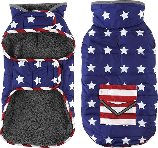 Dog Coat, Waterproof Dog Winter Jacket with Pocket, Reflective Adjustable Pet Snow Vest, Warm Cozy Fleece Sweater for Small Medium Extra Large Dogs - American Flag, XS