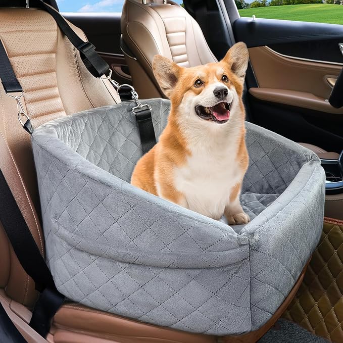 Dog Car Seat for Small Dogs,Detachable Washable Dog Booster Seat for Medium Dogs Under 30lbs, Pet Car Seat Travel Bed with Storage Pockets and Dog Safety Belt (Grey)
