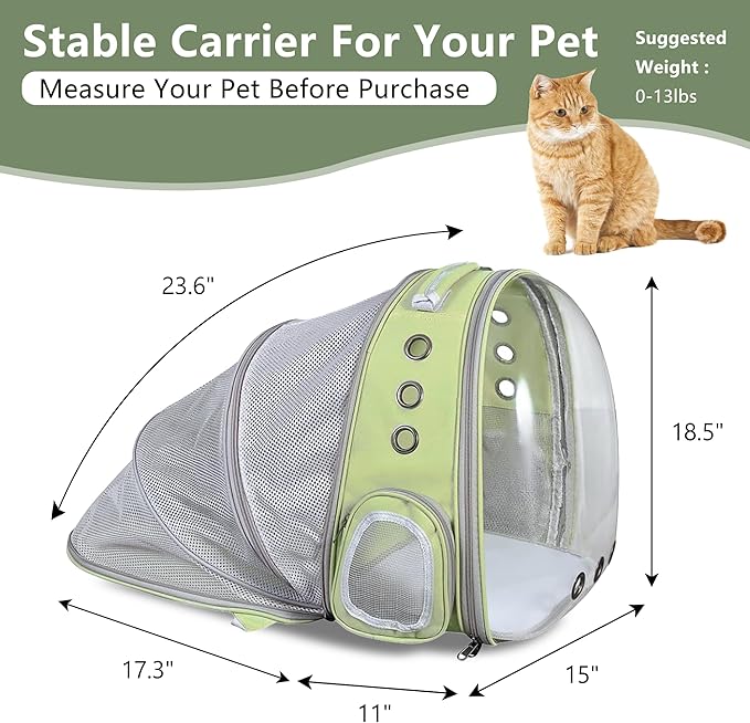 Cat Backpack Carrier Bubble Expandable Foldable Breathable Pet Carrier Dog Carrier Backpack for Large Big Cats Hiking, Travelling, Camping (Back Expandable-LightGreen)