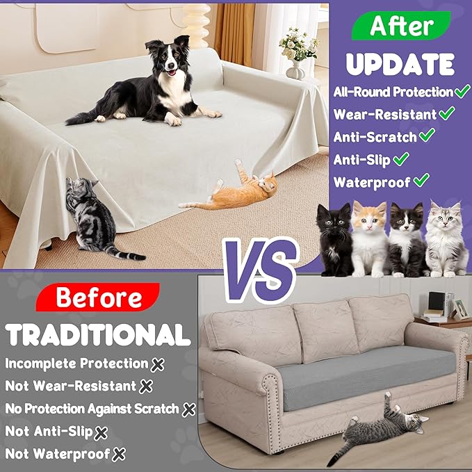 Cat Scratch Furniture Protector - Anti-Slip, Waterproof Sofa Cover to Keep Cats Off, Pet-Friendly Couch Protectors for 3 Cushion Couch, Beige Anti-Scratch Couch Cover for Pets and Kids 118"X71"