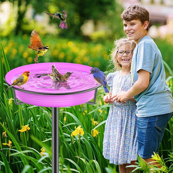 28In Freestanding Birdbaths Bowl Outdoor, Standing Garden Bird Bath Bird Feeder Bowl with Metal Stake, Detachable Decoration Spa Birdfeeder for Garden Patio Yard Lawn, 4 Spiky Feet (Purple)