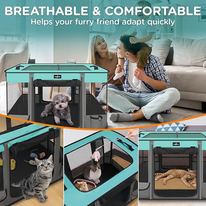 Foldable Pet Kitten Playpen, Waterproof Portable Cat Dog Playpen Kennel Tent for Small Dog Cat, Retractable Shade Cover, Come with Free Carrying Case, Indoor Outdoor Use for Small Animals, BlackTeal