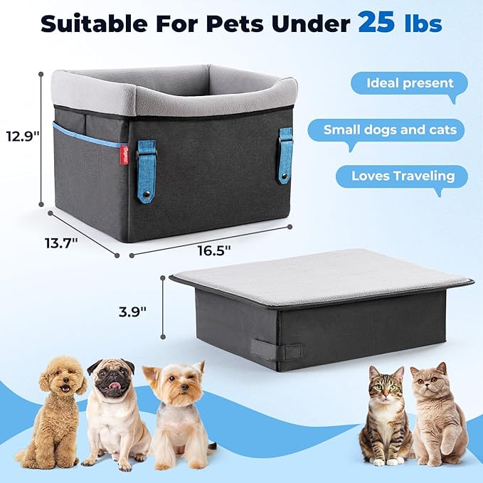 BurgeonNest Dog Booster Car Seat for Small Dogs, Washable Anti-Collapse Pet Bed for Car Front Back Seat, Cat Puppy Travel Carseats Up to 25lbs, Clip-On Safety Leash and Booster Fluffy Pad, Grey