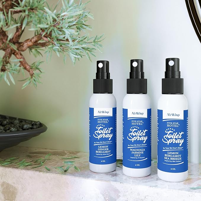 AirWisp Toilet Spray 3 Pack Variety Pack - Pre Poop Spray Odor Eliminator - Curated 5-Star Hotel Picks - 2 oz. Bottles - Up To 100 Uses Per Bottle - Travel Toiletry